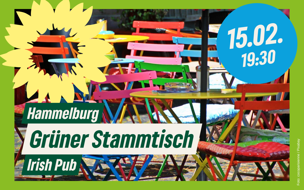 Sharepic mit bunten Biergartenstühlen als im Hintergrund. Hammelburg - Grüner Stammtisch - Irish Pub 15.02. 19:30